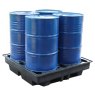 Spill pallet holding 4 blue drums