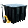 Recycled polyethylene IBC spill pallet with FLT